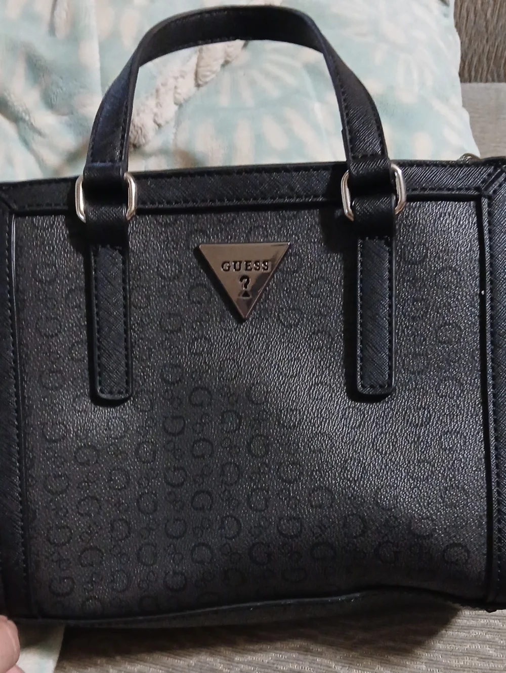 Guess Black Logo-Pattern Satchel with Silver Triangle Emblem